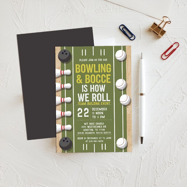 Convites Equipe de Bocas de boliches Construindo Esportes d (bowling bocce invitation sports themed company team building church event gathering green white)