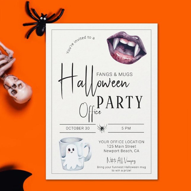 Convites Equipe de diversão de festas de Halloween e presas (halloween office party invitation fangs and mugs funny fun simple corporate business classy modern)