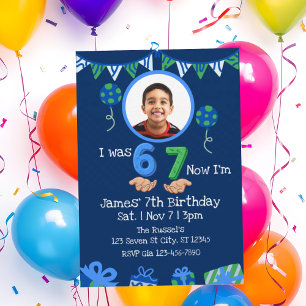 Convites Era 6 Agora 7, Imagem Azul Verde Aniversário de 7