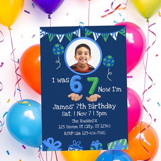 Convites Era 6 Agora 7, Imagem Azul Verde Aniversário de 7  (Criador carregado)