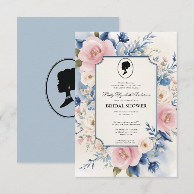 Convites era regência Florals Bridgerton Chá de panela (Frente/Verso)