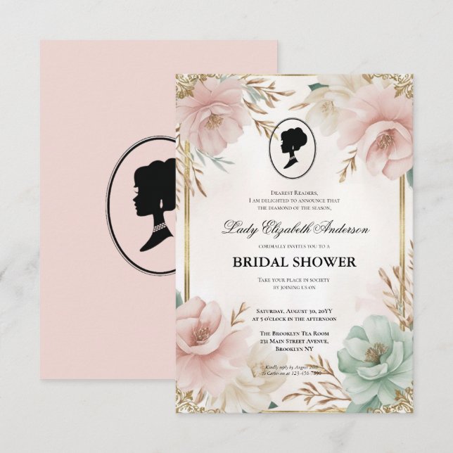 Convites era regência Florals Bridgerton Chá de panela (Frente/Verso)