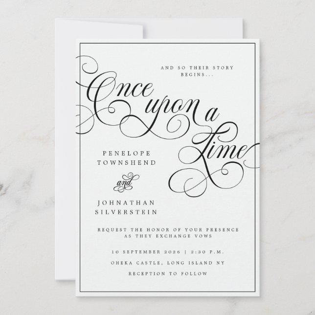 Convites Era Uma Vez Casamento Preto Branco Flourish (Frente)