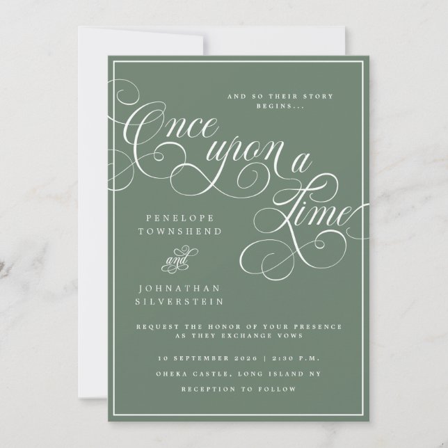 Convites Era Uma Vez Flourish Script Verde Casamento (Frente)