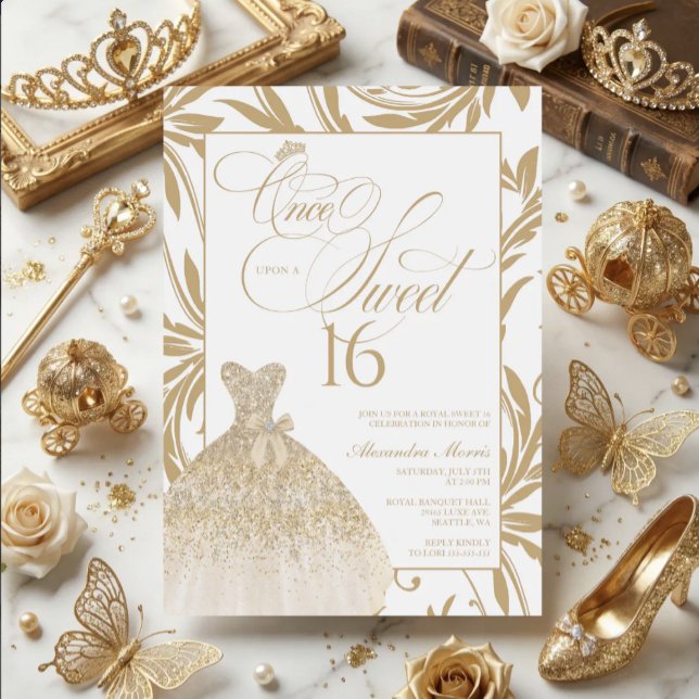 Convites Era Uma Vez um Doce 16 Aniversário da Princesa Dou (Princess Sweet 16 Invitation | Once Upon a Sweet 16 | Gold Sweet 16)