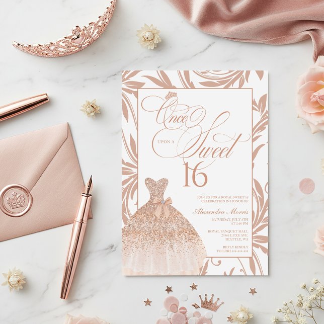 Convites Era Uma Vez um Doce 16 Aniversário Princesa Dourad (Princess Sweet 16 Invitation | Once Upon a Sweet 16 | Rose Gold Sweet 16)