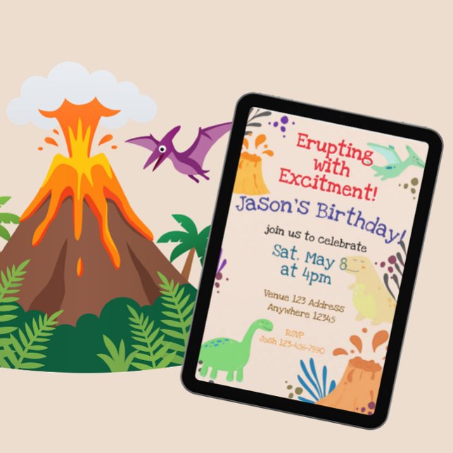 Convites Erupção com Excitação Dinossauro Vulcão Aniversári (Criador carregado)