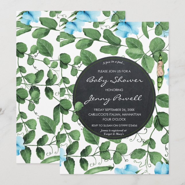 Convites ervilha de chá de fraldas azul na cápsula (Frente/Verso)