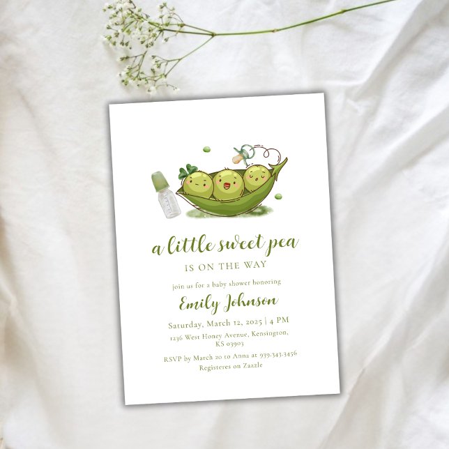 Convites Ervilha Doce Com Pacificador Verde Sage Em Chá de  (Sage Green Pacifier Sweet Pea In Pod Baby Shower Invitation)