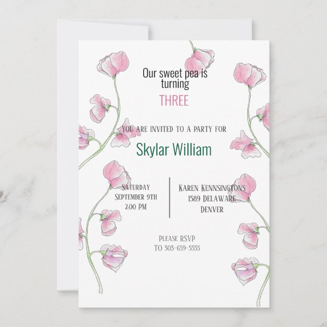 Convites Ervilha-rosa-Festa de aniversário (Frente)