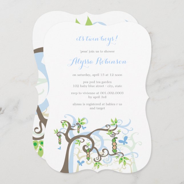 Convites Ervilhas Azuis No Chá de fraldas Dos Gêmeos Do Pod (Frente/Verso)