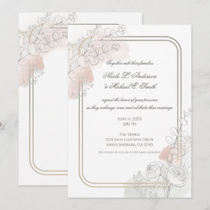 Convites Esboço Botânico Salvia e Rosa Floral Casamento 
