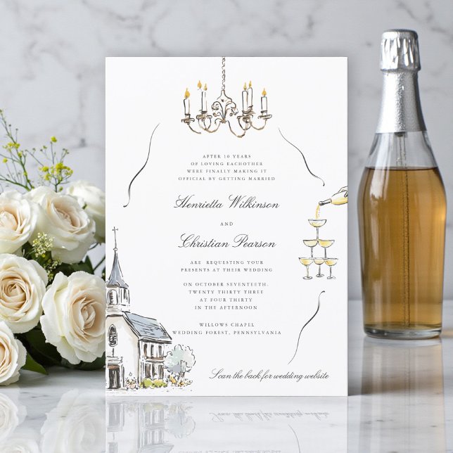 Convites Esboço de capela chic QR do site de casamento (Criador carregado)