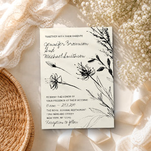 Convites Esboço de flor botânica papel retro desenhado à mã