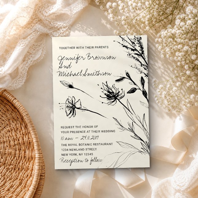 Convites Esboço de flor botânica papel retro desenhado à mã (Criador carregado)