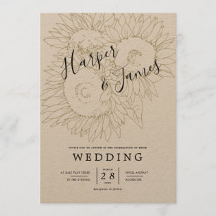 Convites Esboço de girassóis Papel kraft para casamento