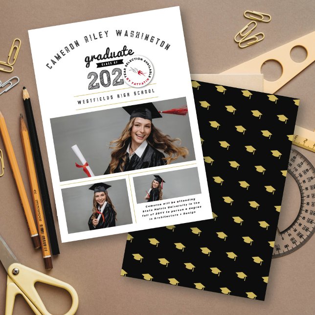 Convites Esboço de Graduado da Turma de 2026 Foto 3 Formatu (Class Of 20YY Bold Black & White Sketch Typography, 3 Photo Collage Graduation Announcement Card)