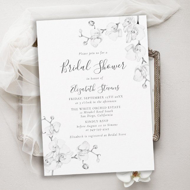 Convites Esboço de Orquídea Chuva de Noiva Preta e Branca E (orchid bridal shower invitation black white botanical art sketch elegant formal modern classic card)