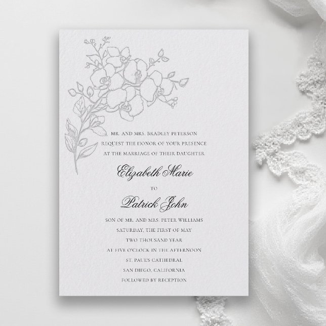 Convites Esboço de Orquídea Formal Tradicional Casamento Ma (orchid wedding invitation ivory veil formal modern classic traditional black tie parents hosting)