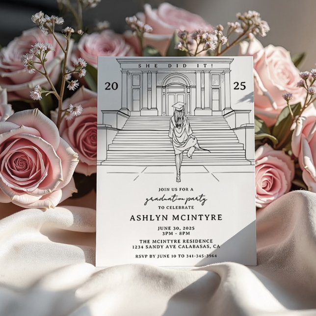 Convites Esboço do Formando feminino e legante (Feminine Graduation Invitation with sketch of beautiful girl walking up the steps of a university. )