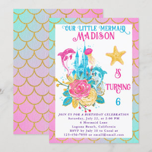 Convites Escama da Pequena Sereia Rosa Turquesa Dourado Ani