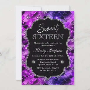 Convites Escamas de sereia brilhantes rosa e roxo Sweet 16