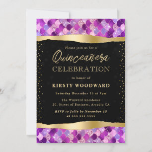 Convites Escamas de Sereia Roxo e Dourado Quinceanera