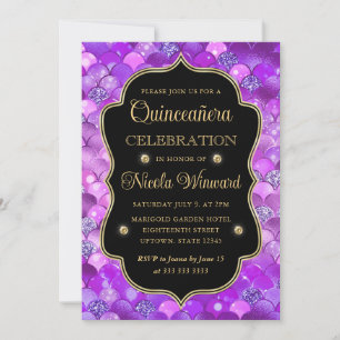 Convites Escamas de Sereia Roxo e Dourado Quinceanera