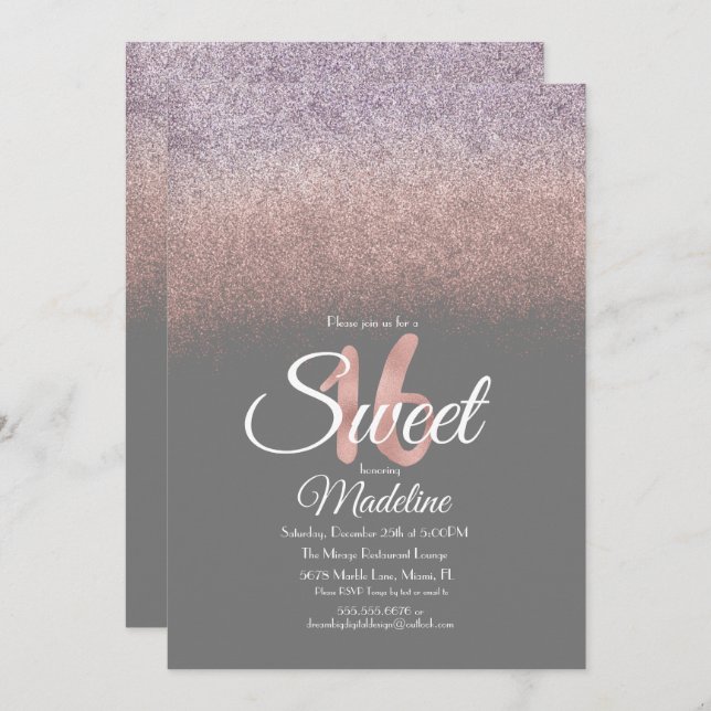 Convites Escamudo violeta elegante, cor-de-rosa, brilhante  (Frente/Verso)