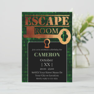 Convites Escape Room Party Lock and Key Green Binary Code