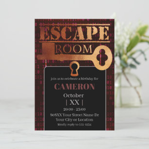 Convites Escape Room Party Lock and Key Red Binary Code