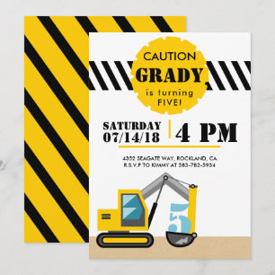 Convites Escavador do Tema de Construção 5 Preto e Amarelo