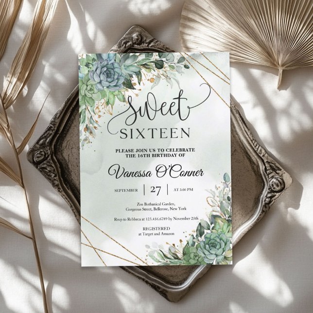 Convites Escoamento de boho suculenta flores, eucalipto, qu (Boho lush succulents flowers eucalyptus gold frame invitation)