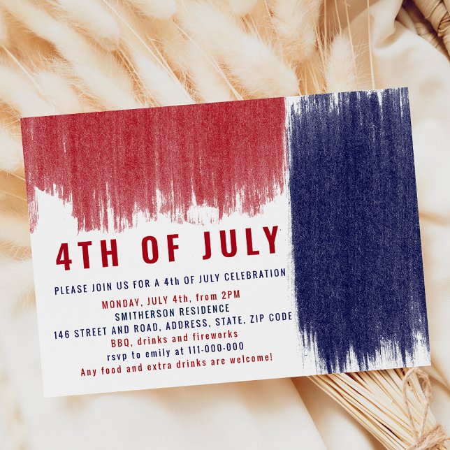 Convites Escoamentos vermelhos simples e azuis modernos 4 d (Modern simple blue red brushstrokes 4th of July Invitation)