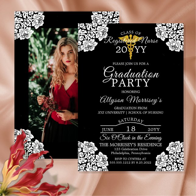 Convites Escola de Enfermagem de Fotografias de Lace | Grad (Elegant Lace-Cornered One  Photo Nursing School Medical Graduation Announcement  | Party Invitation)