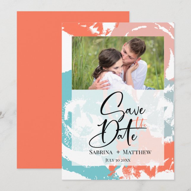 Convites Escovas de Pincel de Coral Turquesa Salvem Data3 (Frente/Verso)