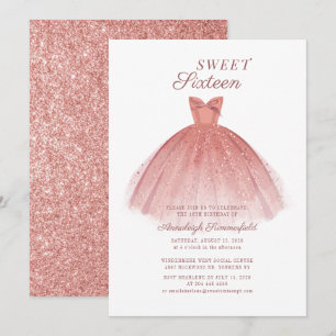 Convites Escrita 16 Doce Moderno e Dourado rosa