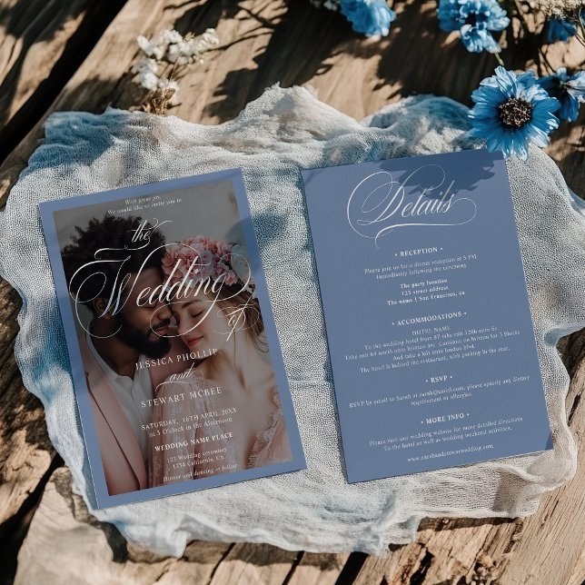 Convites Escrita Azul em Francês Chic Tudo em Um Casamento  (Chic French Blue Script All in One Photo Wedding Invitation)