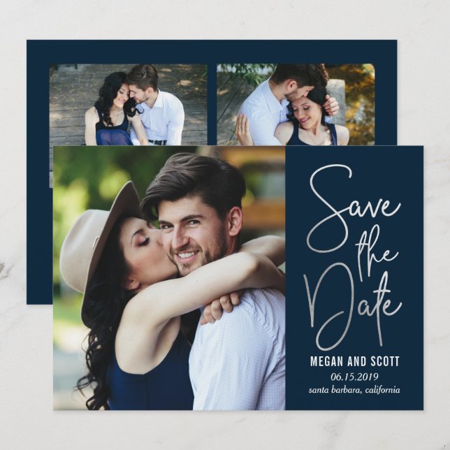 Convites Escrita Chic EDITÁVEL COR Salve A Data Prata (Frente/Verso)