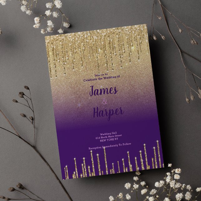 Convites Escrita de casamento com dourado roxo (Purple gold glitter ombre drips script Wedding)