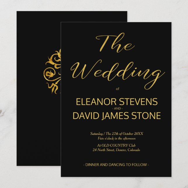 Convites Escrita de casamento de ouro e preto de luxo (Frente/Verso)