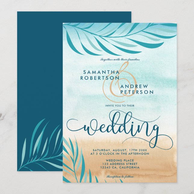 Convites Escrita de casamento tropical em praia de palmeira (Frente/Verso)