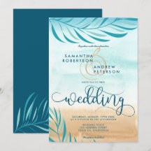 Escrita de casamento tropical em praia de palmeira