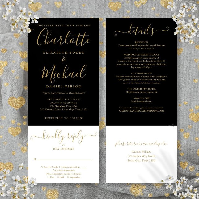 Convites Escrita Dourada E Negra Elegante Em Um Casamento (Elegant Black And Gold Script All In One Wedding Invitation)
