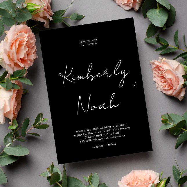 Convites Escrita elegante minimalista, casamento preto e br (Criador carregado)