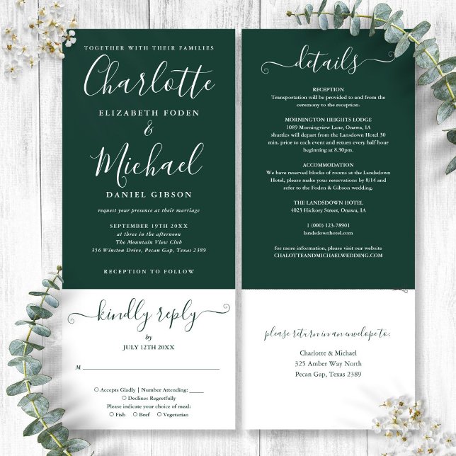 Convites Escrita Elegante Verde Emerald Tudo Em Um Casament (Emerald Green Elegant Script All In One Wedding Invitation)