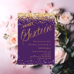 Convites Escrita em ouro roxo elegante Sweet 16<br><div class="desc">Um 16 convite moderno. Um fundo roxo e a palavra dezesseis escrita com letras grandes. Decorado com confete de ouro. Personalize e adicione um nome e detalhes da parte.</div>