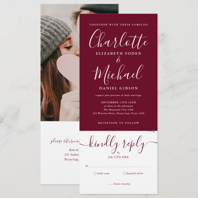 Convites Escrita Moderna Burgundy Tudo Em Um Casamento Foto (Frente/Verso)