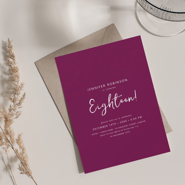Convites Escrita Moderna Elegante Magenta de 18º Aniversári (Elegant Modern Script 18th Birthday Magenta Invitation)