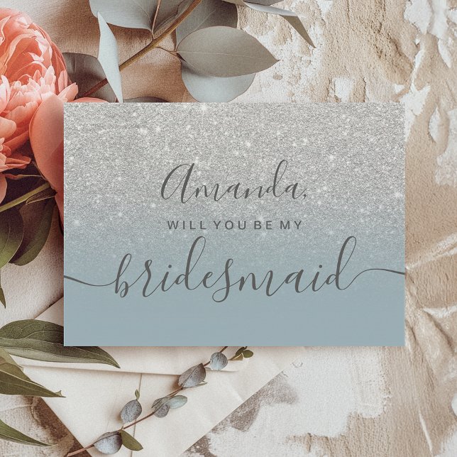 Convites Escrita ombre azul brilhante de prata minha dama d (Silver glitter blue ombre script my bridesmaid invitation)